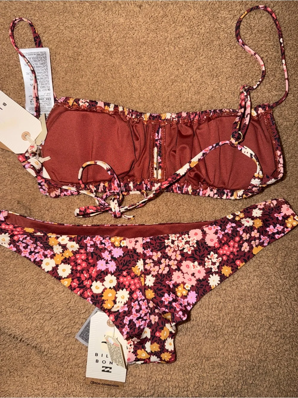 Billabong Burgundy Floral Bandeau Bikini Set with Pink & Yellow Flowers